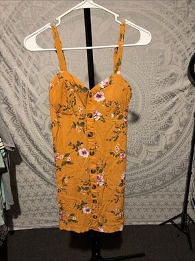 American Eagle Outfitters Mustard Floral Button-Front Mini Dress